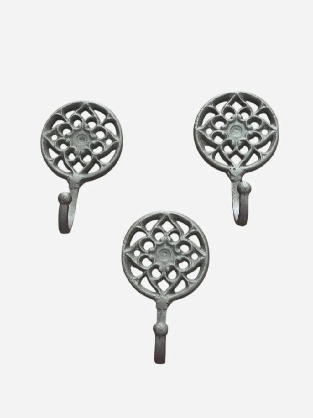 Vintage Wall Hooks Set of 3 Gray Cast Iron Decorative Floral